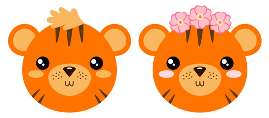 Baby tigers boy and girl. Vector illustration of cute faces of baby animals. Drawing of tiger cub head. Design for children print.