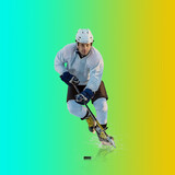 Fototapeta Do pokoju - Professional ice hockey player hitting puck for winning goal in action on gradient multicolored neon background. Concept of sport competition.