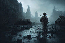 Splendid Artwork Of Apocalyptic Ruined City Landscape Devastating War Left With Destroyed Building In Battlefield, Soldier March Toward. Digital Art AI Generated Image War And Conflict Concept.