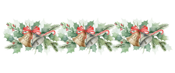 Wall Mural - Watercolor vector banner with bells, red bow, lollipop and fir branches. 