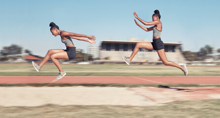 Canvas Print - Time lapse, long jump and woman running, jumping and cross in sand pit for fitness, training and exercise. Sequence, jump and black woman leap, fit and workout, energy and sports practice at stadium