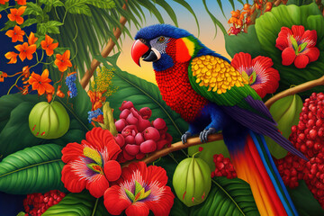 Wall Mural - Colorful parrot in exotic jungle full of tropical leaves and large flowers. Amazing tropical floral pattern for print, web, greeting cards, wallpapers, wrappers. 3d illustration	