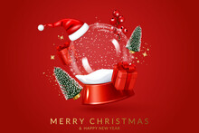 Christmas And New Year Greeting Card With Transparent Snow Globe, Trees, Gifts, Berries And Santa Hat.