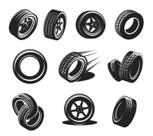 Car Tyre Icons, Wheel Tire, Rim Disk Monochrome Vector Retro Symbols. Automobile Spare Parts, Repair Service Shop Vintage Graphic Icons With Vehicle, Sport Car Rubber Black Tyres