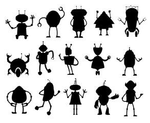 Poster - Robots and droids silhouettes. Alien droids, future cyborg characters or chat bots vector silhouettes set. Artificial intelligence humanoid machines, robotic monsters or invaders symbols