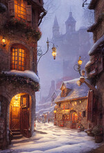 Cute Little Christmas Medieval Village With Castle