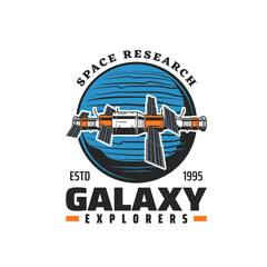 Poster - Orbital station in galaxy, space planets exploration and research mission vector symbol. Cosmic orbital station spaceflight to moon, satellite or rocket shuttle and scientific orbiter spacecraft icon