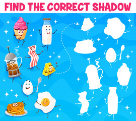 Poster - Find the correct shadow of cartoon breakfast food characters. Shadow search quiz, matching puzzle vector worksheet with milk bottle, french press coffee and bacon, cheese, egg, pancake comic personage