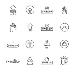 Poster - Swipe up icons, arrow buttons to scroll and drag for social media application, vector linear symbols. Mobile app interface buttons to swipe up, flat thin line arrows for website UI and UX