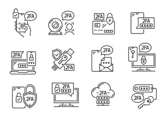 Leinwandbilder - Two factor verification icons, 2FA password in mobile phone sms login, vector codes. 2 step authentication on computer or laptop to verify access security via smartphone for user privacy, line icons