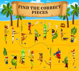 Wall Mural - Cartoon vegetable pirates and corsairs characters, find correct half pieces, vector quiz. Half picture match puzzle game worksheet with broccoli pirate, corn corsair and radish captain with sword