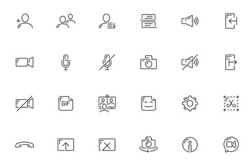 Aufkleber - Videocall icons of conference video call interface menu, online chat UI vector line buttons. Videocall or user chat icons of microphone mute, incoming call and settings, file upload or send pictograms