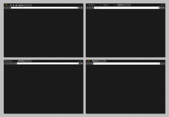 Aufkleber - Web browser window mockup, black interface of internet page, vector template. Website screen or computer web browser tab frames with site search bar, webpage browser with www, address bar or toolbar