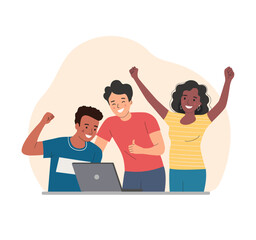 Group of people look at a laptop and rejoice at success. Vector flat style cartoon illustration