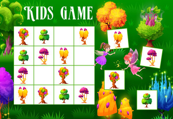 Poster - Sudoku kids game, fantasy magic trees and plants. Vector riddle, boardgame worksheet with cartoon fairy characters, mushrooms and alien flora on chequered board. Educational task, children crossword