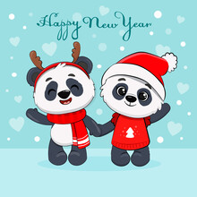 Cute Cartoon Panda Bears Isolated On Blue Background. Christmas Card With Couple Pandas