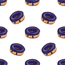 Watercolor Seamless Pattern With Blueberry Donuts Isolated On Transparent Background.Food Illustration.Scrapbook,fabric And Textile,wrapping,wallpaper.