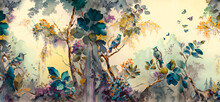 Digital Watercolor Painting, High Quality, Of A Forest Landscape With Birds, Butterflies And Trees, In Bright Colors And In A Consistent Style_1