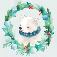 Christmas Card With Polar Bear In Christmas Wreath, Polar Bear With Winter Garland, Cute Illustration, Christmas, Greetings, Season, Watercolor, Card, Illustration, Digital