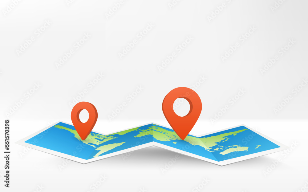Geography map. Foldable world map with place mark pined. Fold paper ...