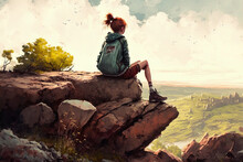 A Adolescent Relaxing On A Rock Outcropping Atop A Hill Generative AI