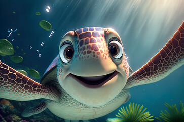 Wall Mural - cute turtle smiling under the sea.