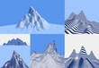 Rocks, mountains and hills. Mountain peak. Landscape background. Terrain. Cyberspace grid. Cover design template. 3D illustration for brochure, poster, presentation, flyer or banner.