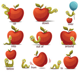 Wall Mural - Red Apple with Green Worm as English Preposition Words Vector Set