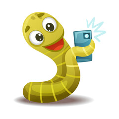 Poster - Funny Green Worm Taking Selfie with Smartphone Vector Illustration