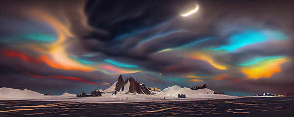 Wall Mural - Painting of panoramic northern light and rock mountains  landscape