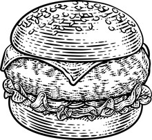 Burger Hamburger Vintage Woodcut Illustration