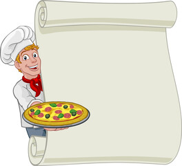 Wall Mural - Pizza Chef Cartoon Man Scroll Menu Sign Background