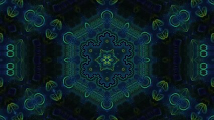 Canvas Print - Loopable abstract colorful blue and green fractal kaleidoscope texture background on black. Hypnotic animation