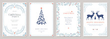 Winter Holiday Cards. Universal Abstract Christmas Templates With Decorative Christmas Tree, Reindeers, Ornate Floral Background And Frame With Copy Space, Birds And Greetings.