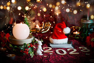 Wall Mural -  Tarot reader or Fortune teller reading on Christmas decoration.