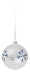 Wall Mural - Christmas glass bauble ball decorated with snowflake in glitter pearled blue and silver pattern, isolated on transparent background, hanging with chain, object for label, banner or gift greeting card