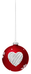 Wall Mural - Christmas red bauble ball decorated with white fabric heart pattern and snowflakes, isolated on transparent background, hanging with chain, object for banner or gift greeting card