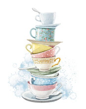 Watercolor Vintage Stack Of Various Porcelain And Glass Colorful Tea Cups On Table Isolated On White Background. Hand Drawn Illustration Sketch