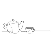 Tea Time. Teapot With Cup Of Tea. Continuous Line Drawing.