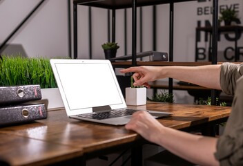 Poster - Finger pointing, showing at blank screen mockup, template of laptop computer in modern office interior