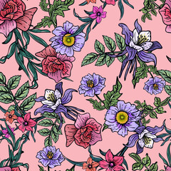 Wall Mural - Hand drawn elegant colorful seamless pattern with botanical floral design illustration