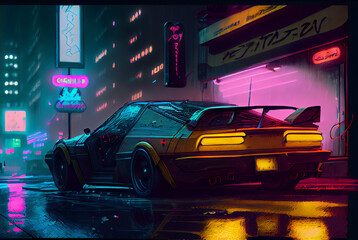 Wall Mural - Sports cyberpunk futuristic car on a neon cyberpunk background in the style of the 80s, Generative AI