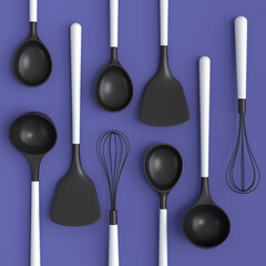 Wooden kitchen utensils, tools and equipment on violet background.