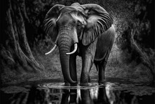 Black And White Illustration Of An Elephant Standing In A Jungle And Reflecting In The Water