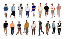 Bundle Of Street Fashion Men Illustrations. Young Men Wearing Trendy Modern Street Style Outfit Standing And Walking. Cartoon Stylish Male Characters On Transparent Background. PNG. Stickres.