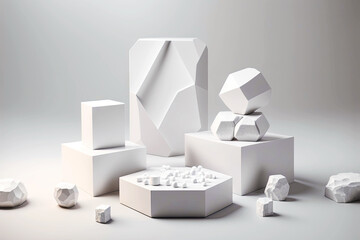 Whole shapes and crumbled parts in 3D art abstract with geometric objects