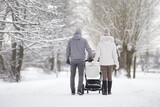Fototapeta  - Young family pushing white baby stroller and walking on snow covered sidewalk at park in cold winter day. Enjoying peaceful stroll. Spending time with newborn and breathing fresh air. Back view.