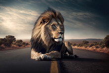 Amazing Picture Of A Male Lion Taking A Break By The Roadside. Generative AI