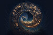 Fibonacci golden spiral illustration. town that build on the spiral ground , way path to other world , other dimension 