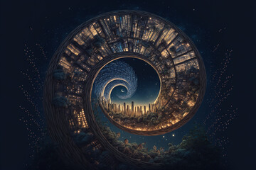 fibonacci golden spiral illustration. town that build on the spiral ground , way path to other world